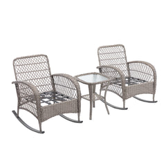 3 Pcs Patio Wicker Rocking Chair Set With Coffee Table and Cushions