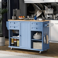 52.8" Width Kitchen Island Cart with Spice Rack, Towel Rack, Drawer, Rubber Wood Desktop & 5 Wheels Including 4 Lockable Wheels, Blue