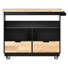 Rolling Mobile Kitchen Island with Solid Wood Top, 2 Drawers & Tableware Cabinet, Black
