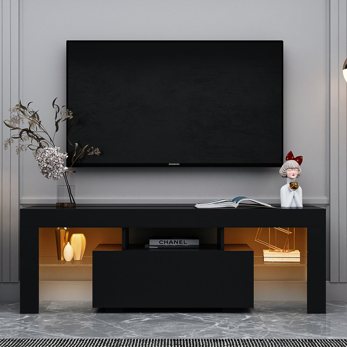 TV Stand with LED RGB Lights & Flat Screen Cabinet for Lounge Room, Living Room & Bedroom, Black