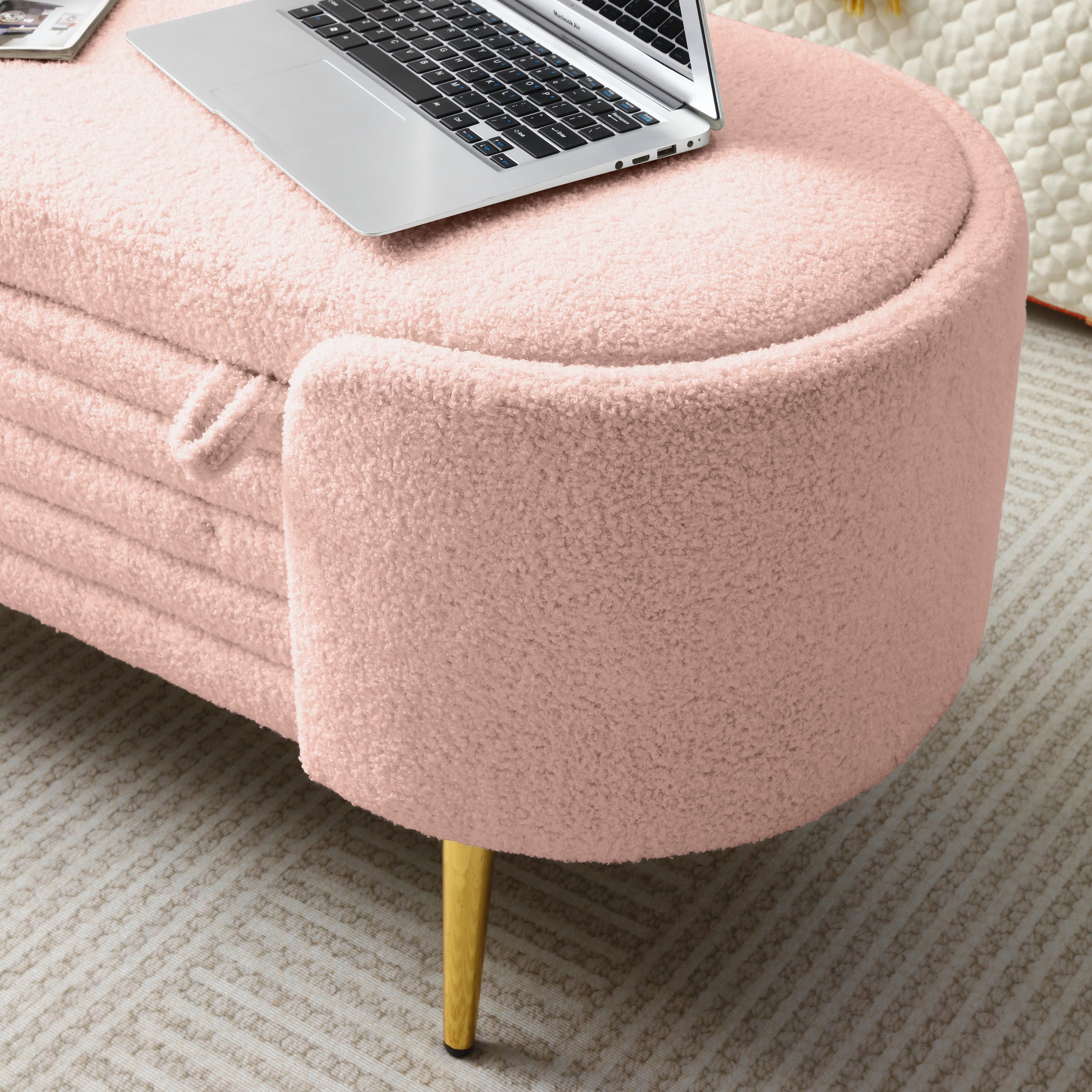 NOBLEMOOD End of Bed Bench with Storage Upholstered Sherpa Fabric Large Storage Bench Ottoman Shoe Stool Long Bench Window Sitting Toy Storage Bench for Bedroom,Living Room,Entryway,Pink