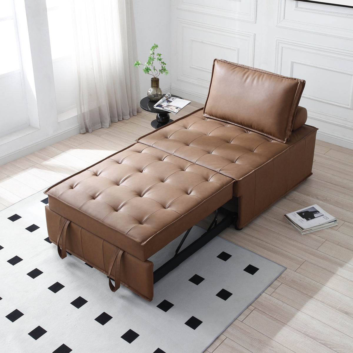 4 in 1 Pull-out Faux Leateher Sleeper Sofa Bed w/ Pillow & Side Pockets, No Armrest, Brown
