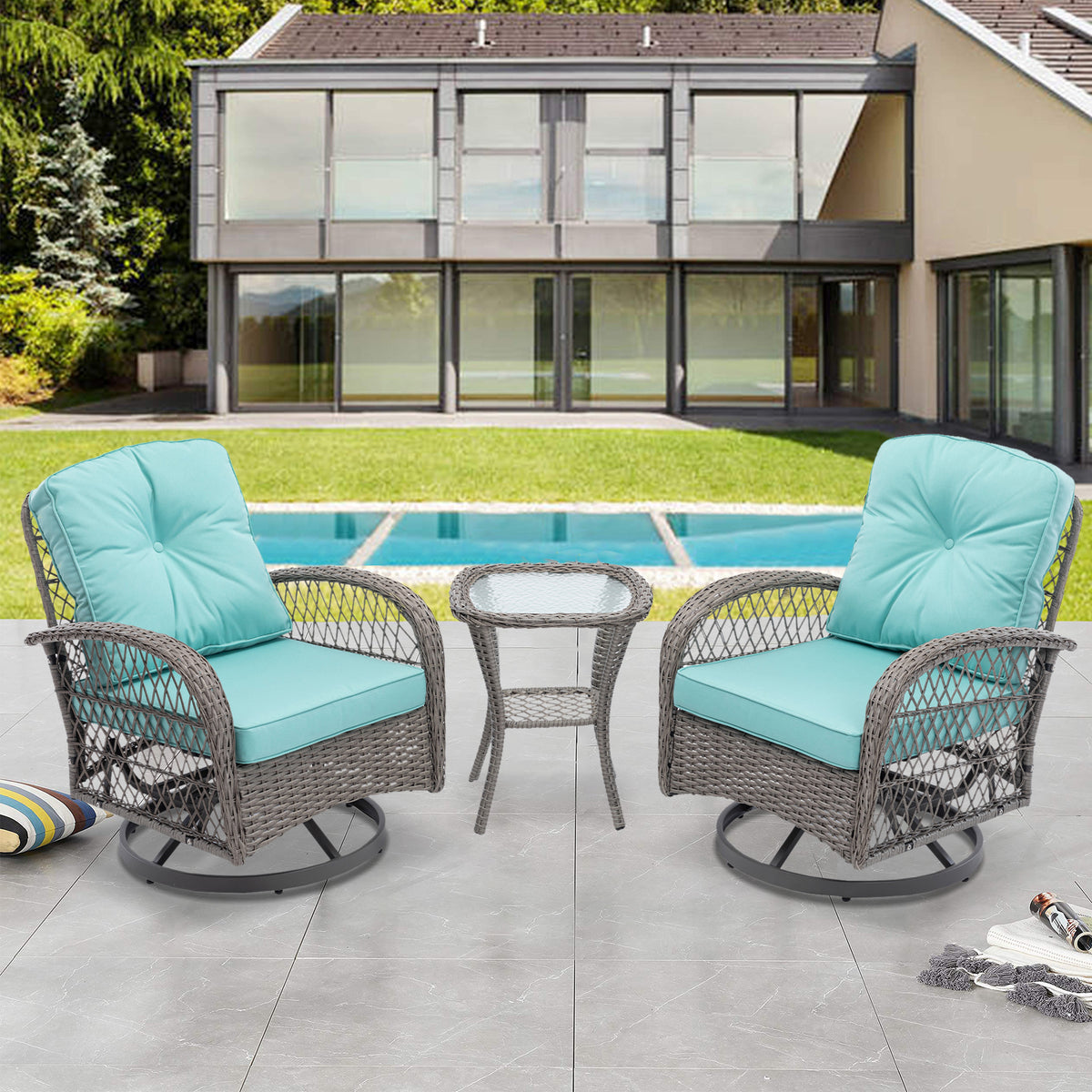 3 Pcs Outdoor Wicker Swivel Chair Set With Coffee Table and Cushions