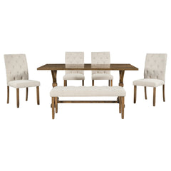 6-Piece Farmhouse Dining Table Set with 72" Wood Rectangular Table, 4 Upholstered Chairs & Bench (Walnut)