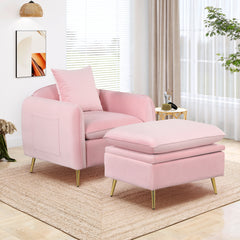 NOBLEMOOD 35.2" Modern Accent Chair with Metal Legs, Single Sofa Chair with Ottoman Footrest & Pillow for Boys Girls Adults Living Room Bedroom Office Small Spaces Apartment, Saving Space, Pink