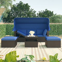 Outdoor Sectional Daybed with Retractable Canopy, Blue Cushions, Lifttop Coffee Table