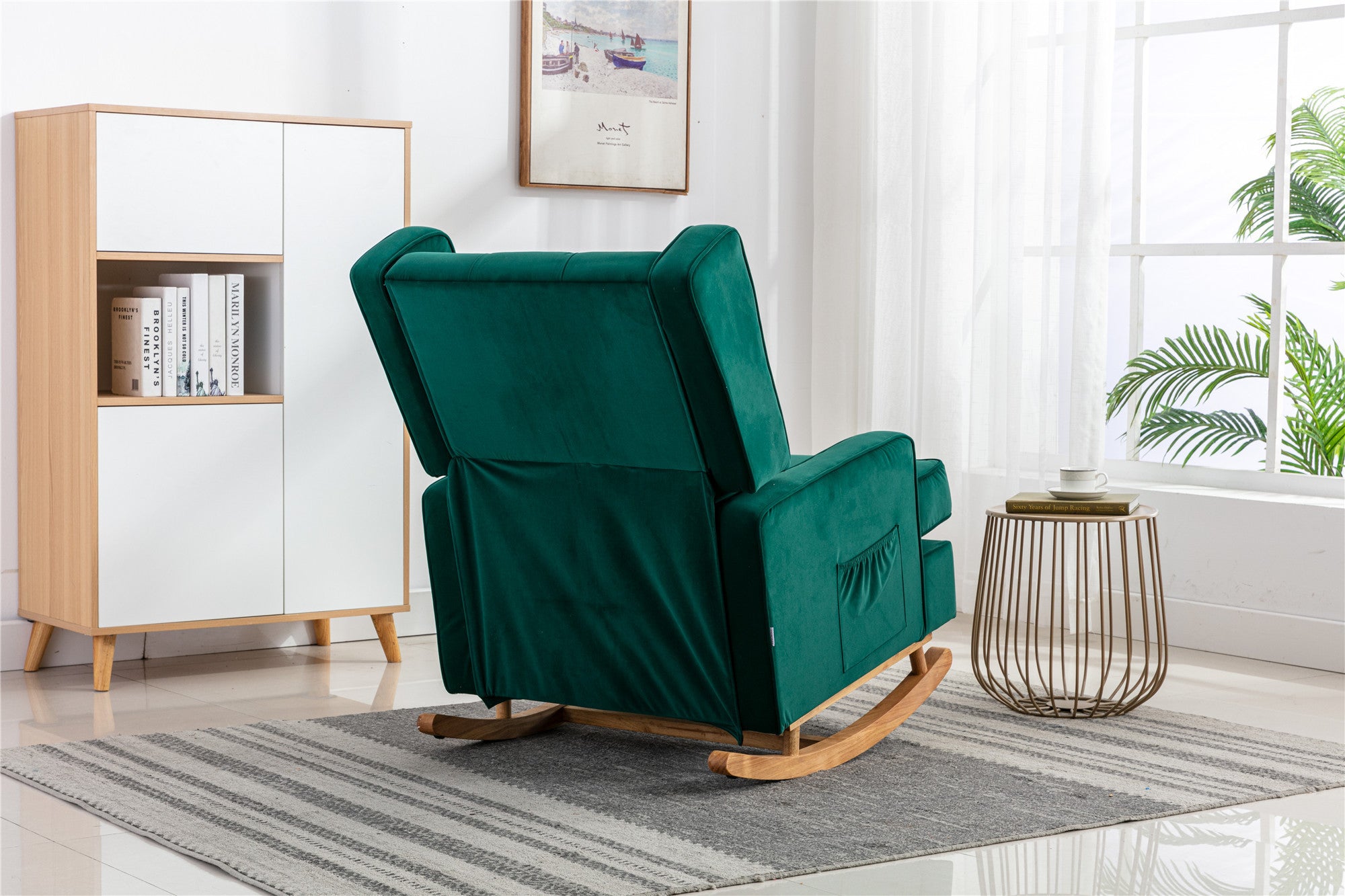 30.7"W Comfortable Rocking Chair with Natural Solid Rubber Wood Legs, Emerald