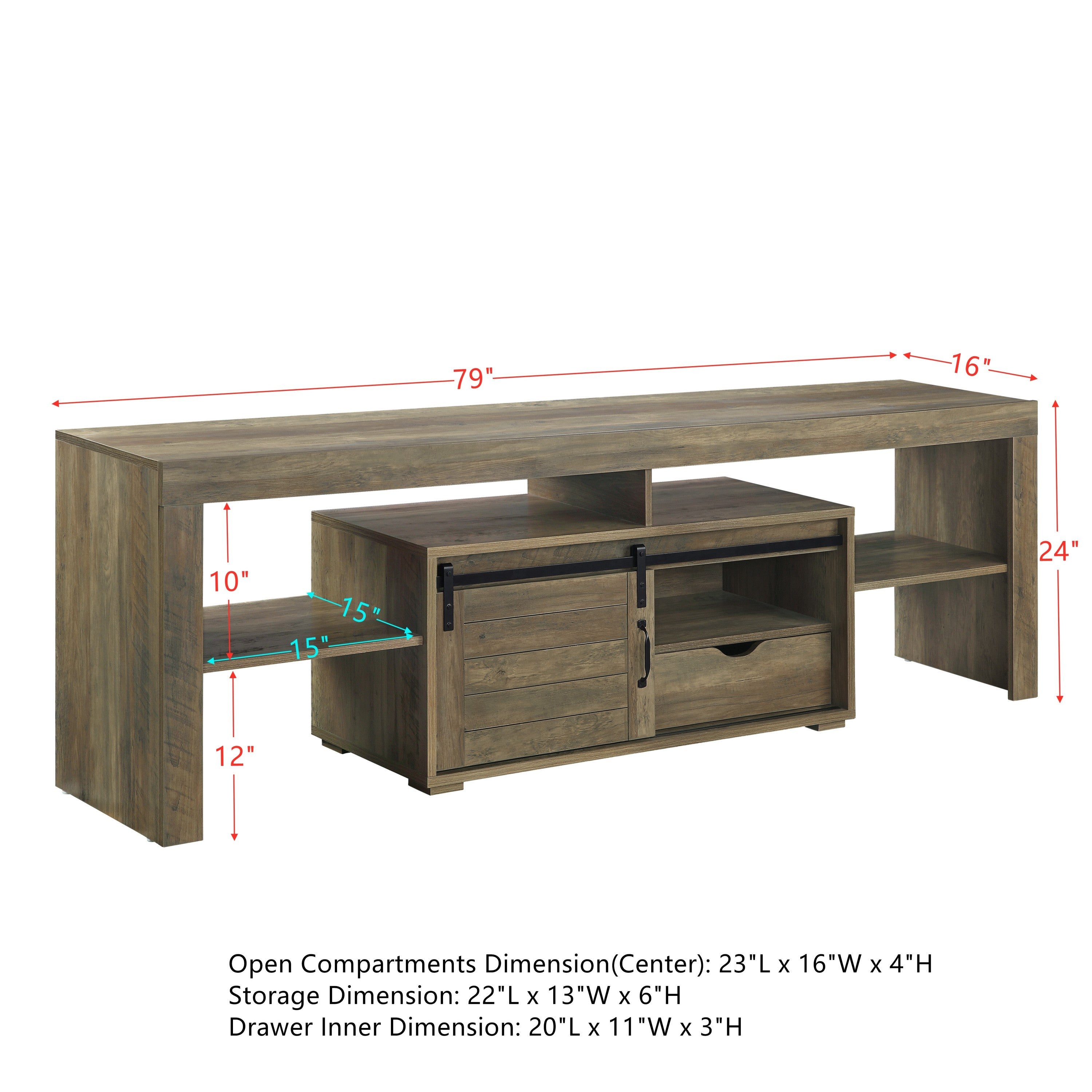 79" TV Stand with 6 Open Compartments, 3 Storage Compartments & 1 Storage Drawer, Rustic Oak Finish