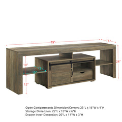 79" TV Stand with 6 Open Compartments, 3 Storage Compartments & 1 Storage Drawer, Rustic Oak Finish