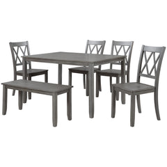 6-Pieces Farmhouse Rustic Dining Table Set with Cross Back 4 Chairs & Bench, Antique Graywash
