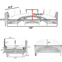 5 Pieces Outdoor Wicker Sofa Half-Moon Sofa Set with Tempered Glass Table, Gray