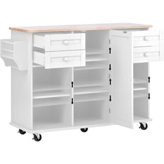 52.8" Width Kitchen Island Cart with Spice Rack, Towel Rack, Drawer, Rubber Wood Desktop & 5 Wheels Including 4 Lockable Wheels, White