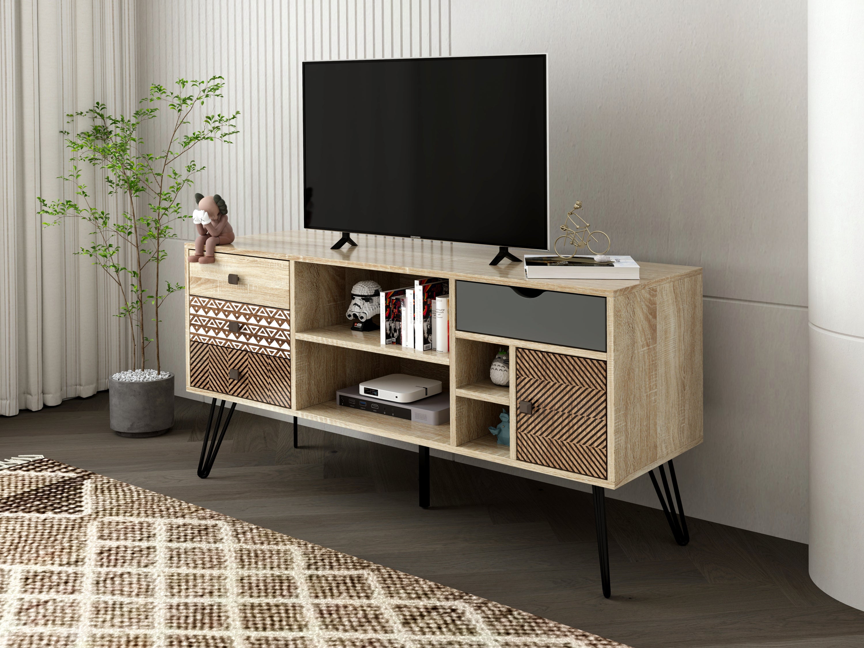 TV Stand with Storage Cabinet & Shelves, Natural