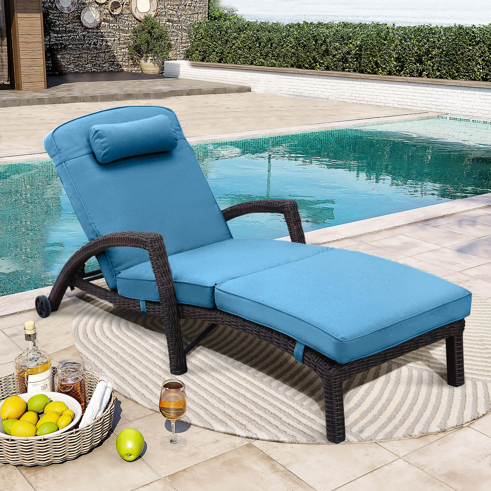 Patio Chaise Lounge Chairs Poolside Lounger w/ 5 Reclining Positions & Wheels, Blue Cushion