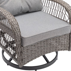 3 Pcs Outdoor Wicker Swivel Chair Set With Coffee Table and Gray Cushions