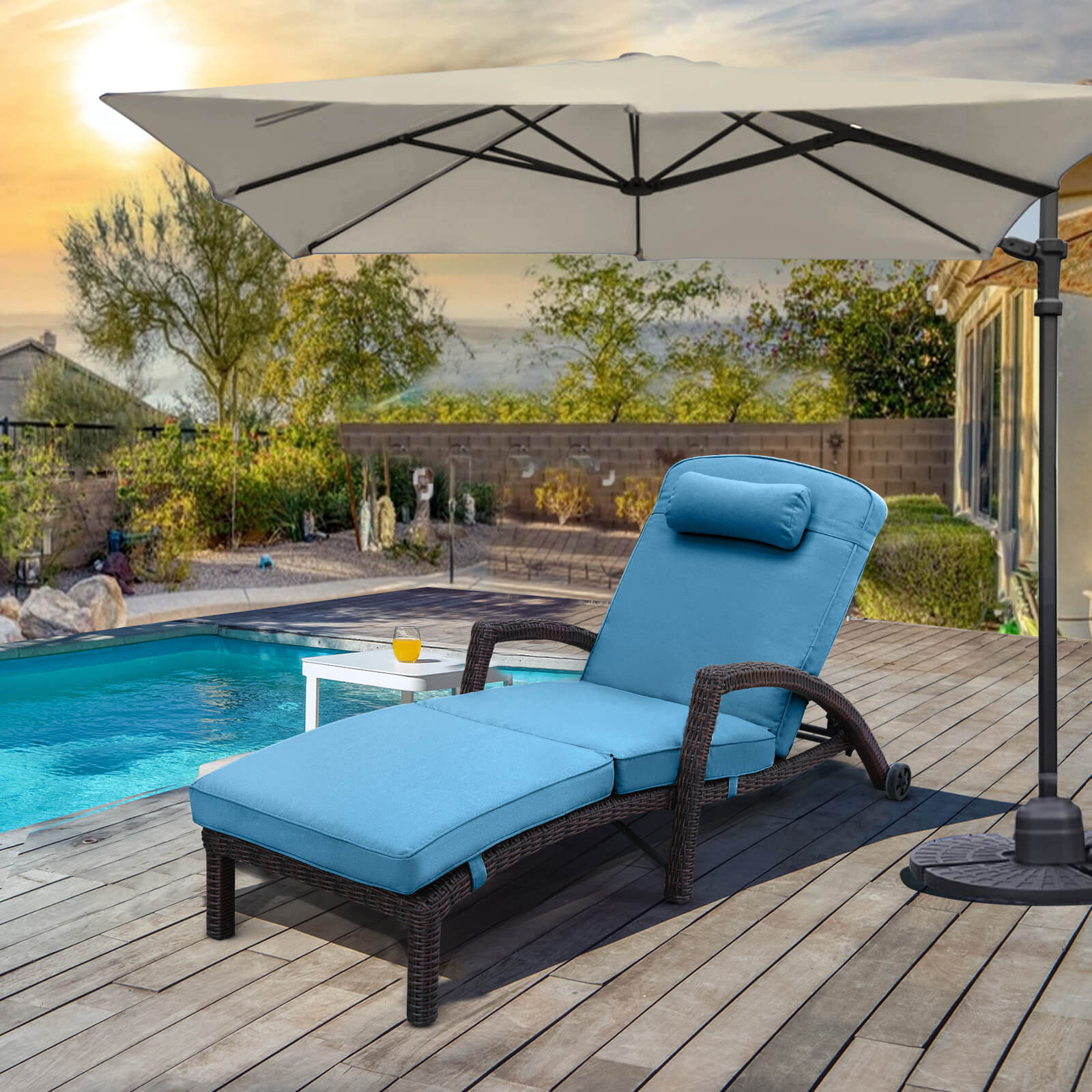 Patio Chaise Lounge Chairs Poolside Lounger w/ 5 Reclining Positions & Wheels, Blue Cushion