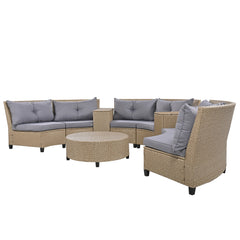 6-Person Half-Round Rattan Outdoor Sectional Sofa with Cushions and Table