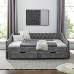 NOBLEMOOD Full Size Daybed with Drawers Upholstered Tufted Sofa Bed with Button on Back and Copper Nail on Waved Shape Arms, Grey