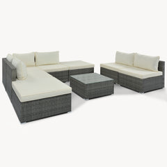 8-Pieces Outdoor Wicker Sofa Set, Single Sofa Combinable, Beige Cushions Gray Wicker