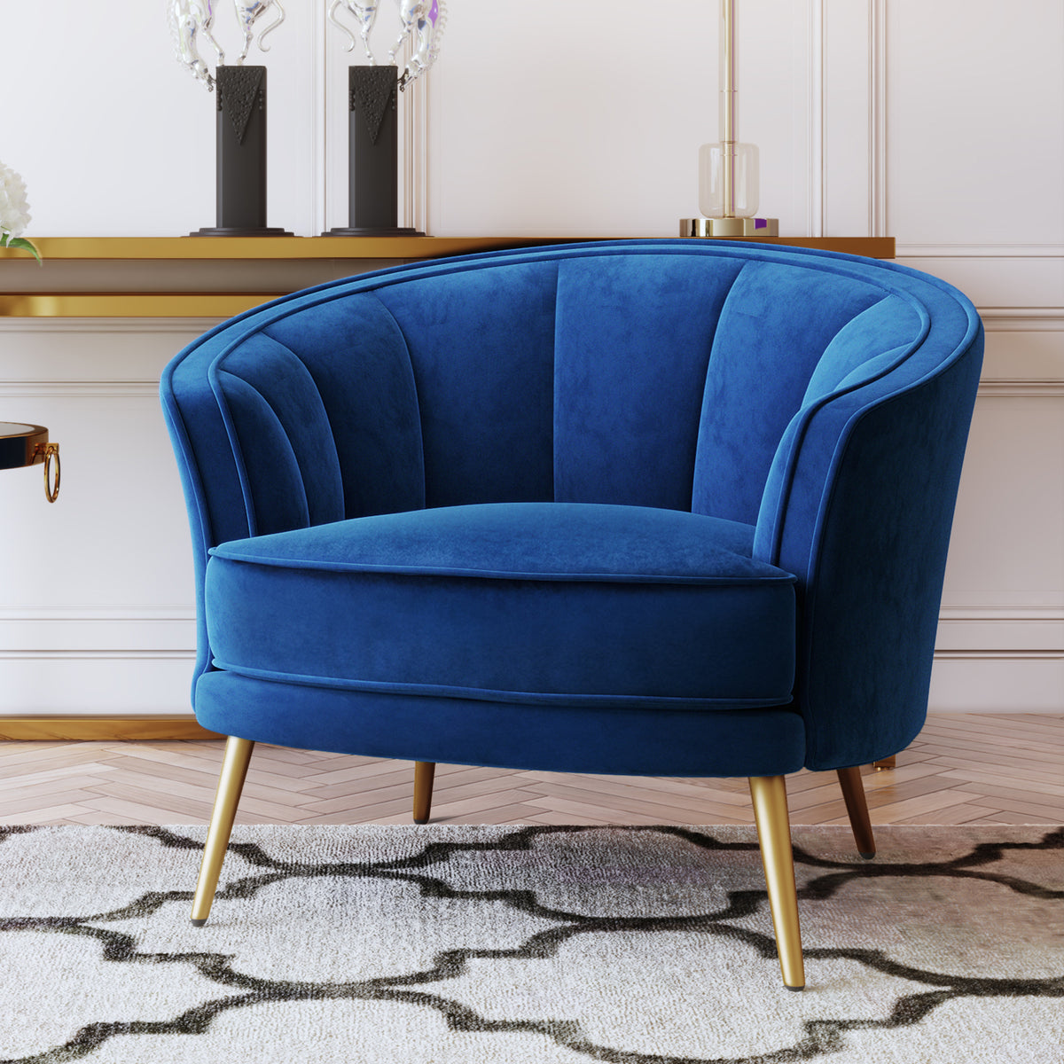 Modern Velvet Accent Barrel Chair Leisure Accent Chair Living Room Upholstered Armchair Vanity Chair for Bedroom Meeting Room，Blue