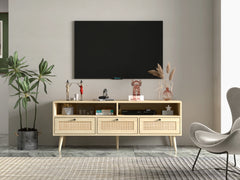 Rattan TV Stand with Solid Wood Feet & TV Console Table, Oak