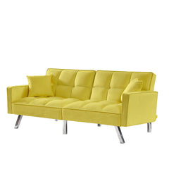 Velvet Loveseat Sofa Couch Bed with Adjustable Backrest, Stainless Steel Legs and 2 Pillows, Yellow