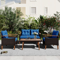 4-Piece Outdoor Sofa Set with Wood Table and Legs, Blue Cushions