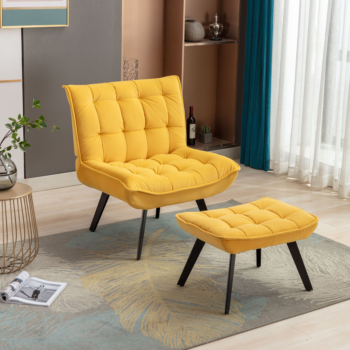 Modern Soft Velvet Fabric Material Large Width Accent Chair Leisure Chair Armchair TV Chair Bedroom Chair With Ottoman Black Legs For Indoor Home And Living Room,Yellow