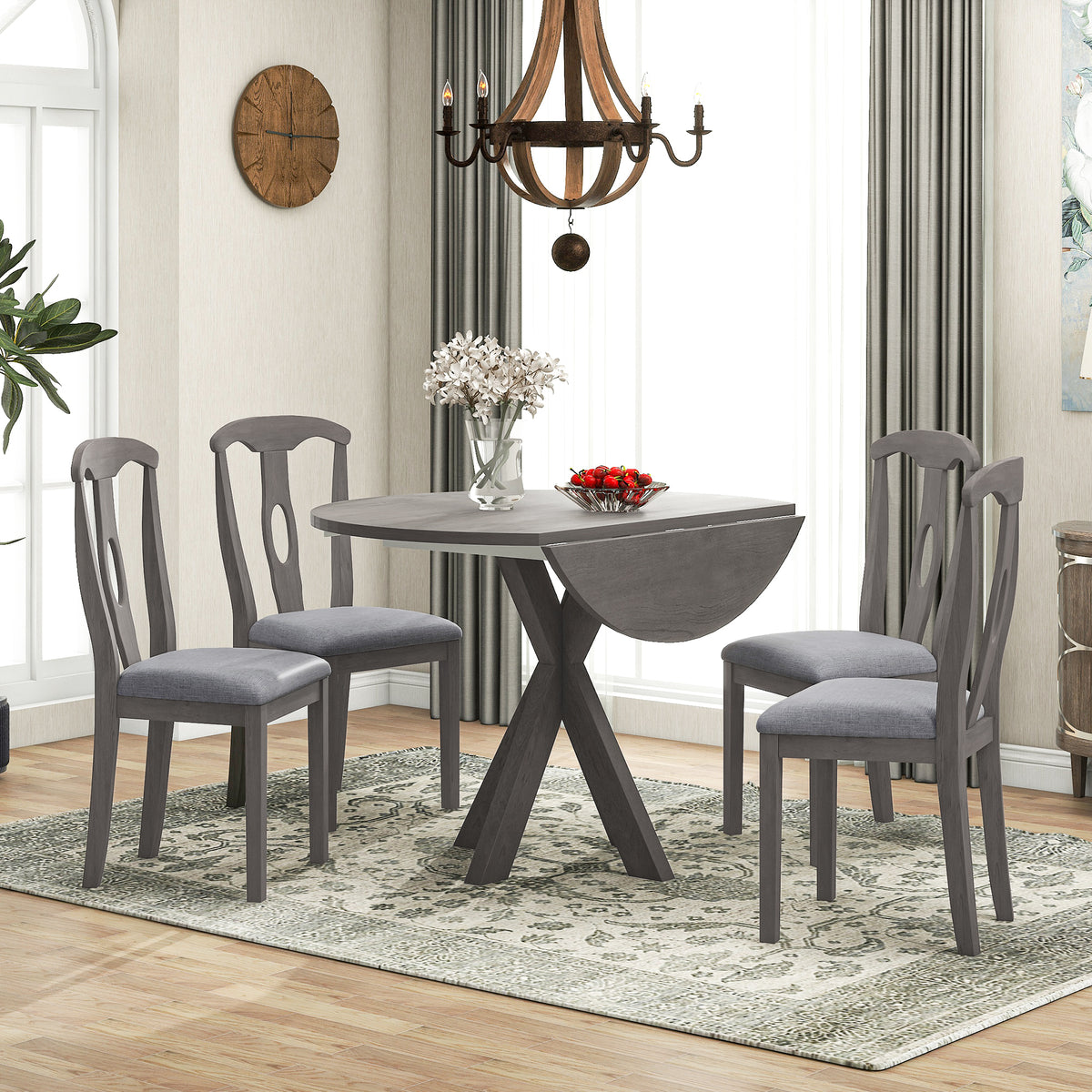 Rustic Farmhouse 5-Piece Wood Round Dining Table Set with Drop Leaf & 4 Padded Dining Chairs, Gray