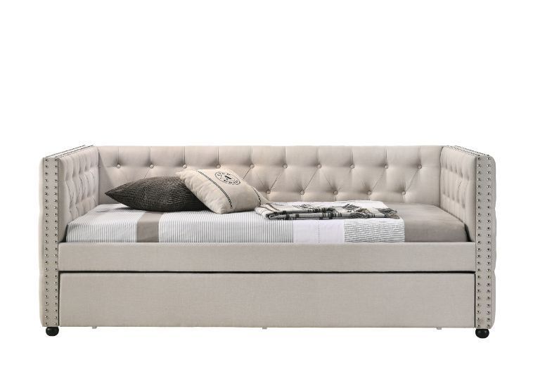NOBLEMOOD Full Daybed with Twin Size Trundle, Fabric Upholstered Full Size Day Bed Button-Tufted Sofa Daybed Frame w/Twin Roll-Out Trundle, Furniture for Bedroom Living Room Guest Room, Beige