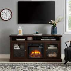 Farmhouse TV Stand Console with 18" Fireplace, Storage, Brown, 60"W*15.75"D*29"H