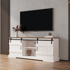 Farmhouse TV Stand with Sliding Barn Doors & Open Storage Cabinets for 80 Inch TV, White
