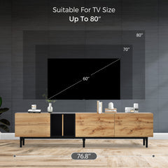 Modern TV Stand for 80’’ TV with 3 Doors & Media Console Table, Natural Wood