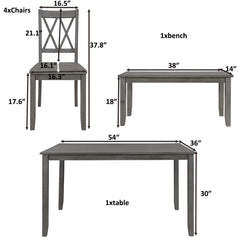 6-Pieces Farmhouse Rustic Dining Table Set with Cross Back 4 Chairs & Bench, Antique Graywash
