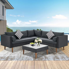 4 Pieces Outdoor Wicker Sofa Set with Cushions, 2 Throw Pillows, 2 Round Pillows