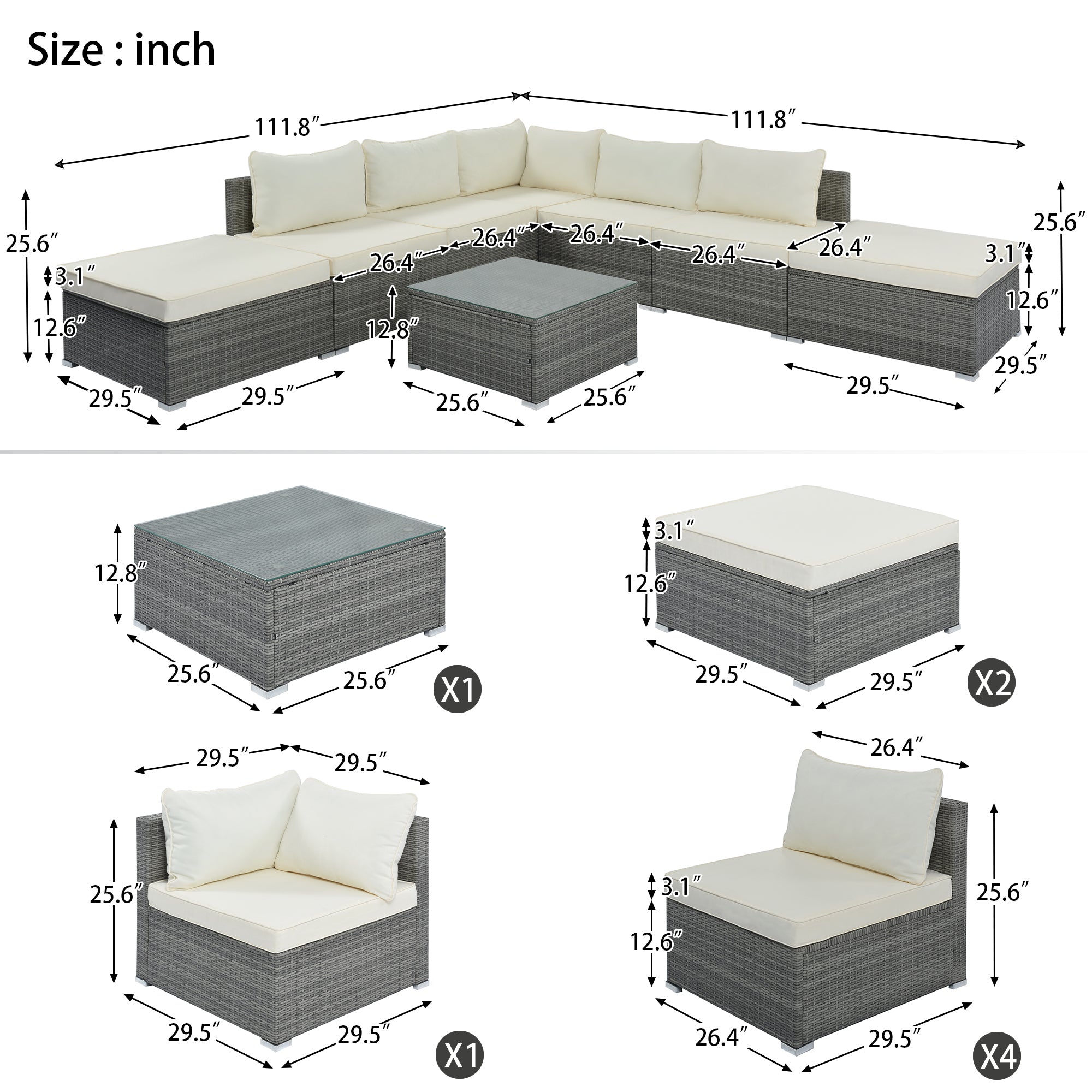 8-Pieces Outdoor Wicker Sofa Set, Single Sofa Combinable, Beige Cushions Gray Wicker