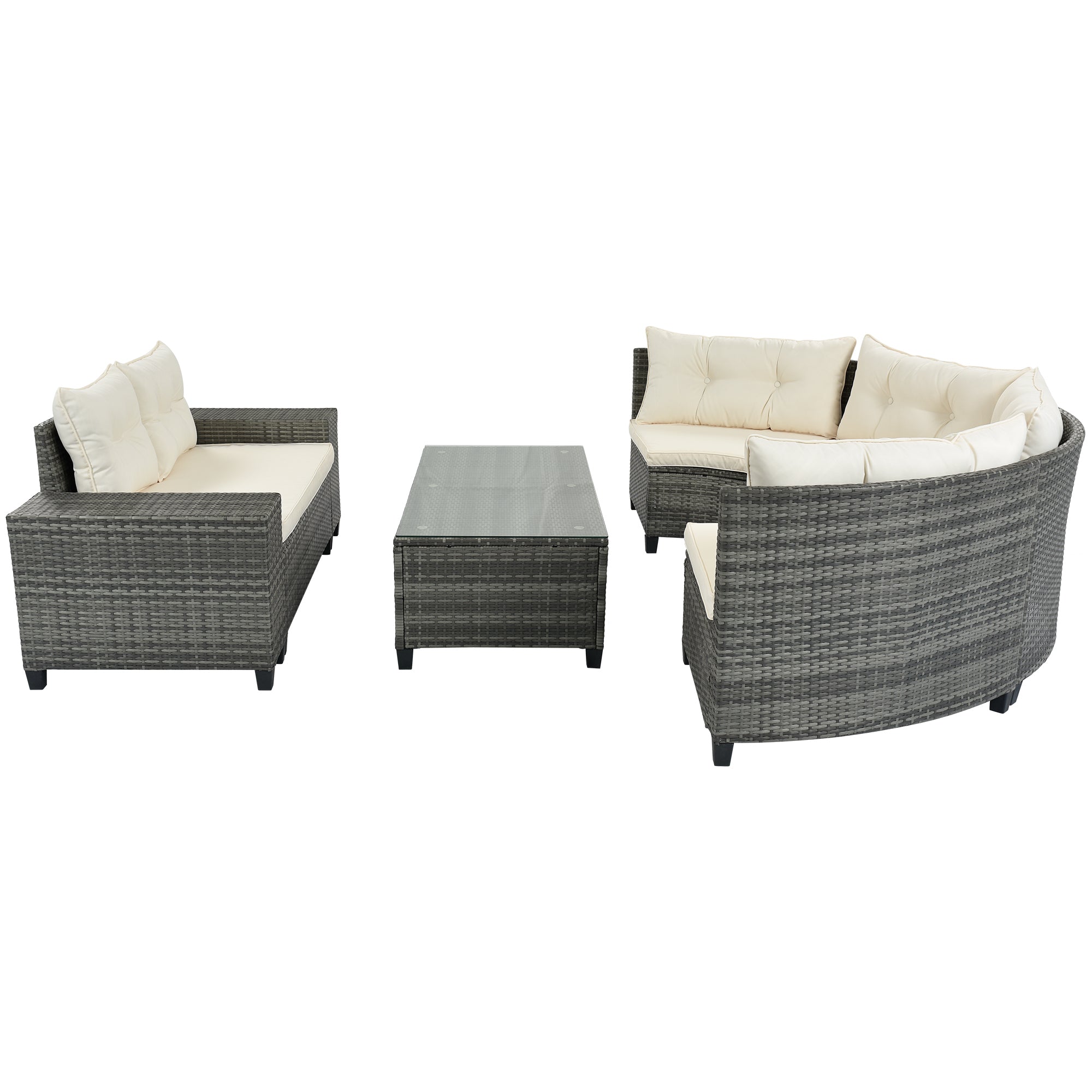 8-pieces Outdoor Wicker Round Sofa Set, Half-Moon Sectional Sets With Rectangular Coffee Table, Movable Cushion, Beige