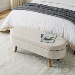 NOBLEMOOD Ottoman Oval Storage Bench for End of Bed w/ Rubber Wood Legs for Bedroom Entryway Living Room, Beige