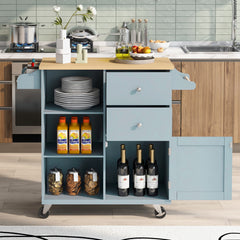 Kitchen Cart on 4 Wheels with 2 Drawers, 3 Open Shelves & Rubber Wood Top for Dinning Room, Grey Blue