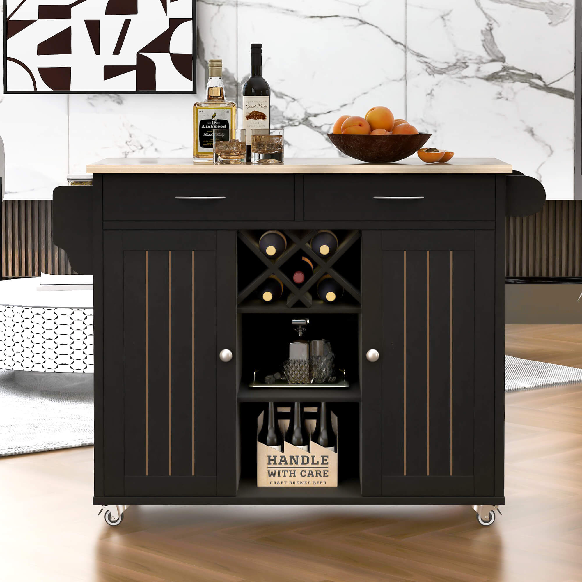 48" Kitchen Island Cart with Locking Wheels, 2 Storage Cabinets, 2 Drawers, Removable Wine Rack, Spice & Towel Rack, Black