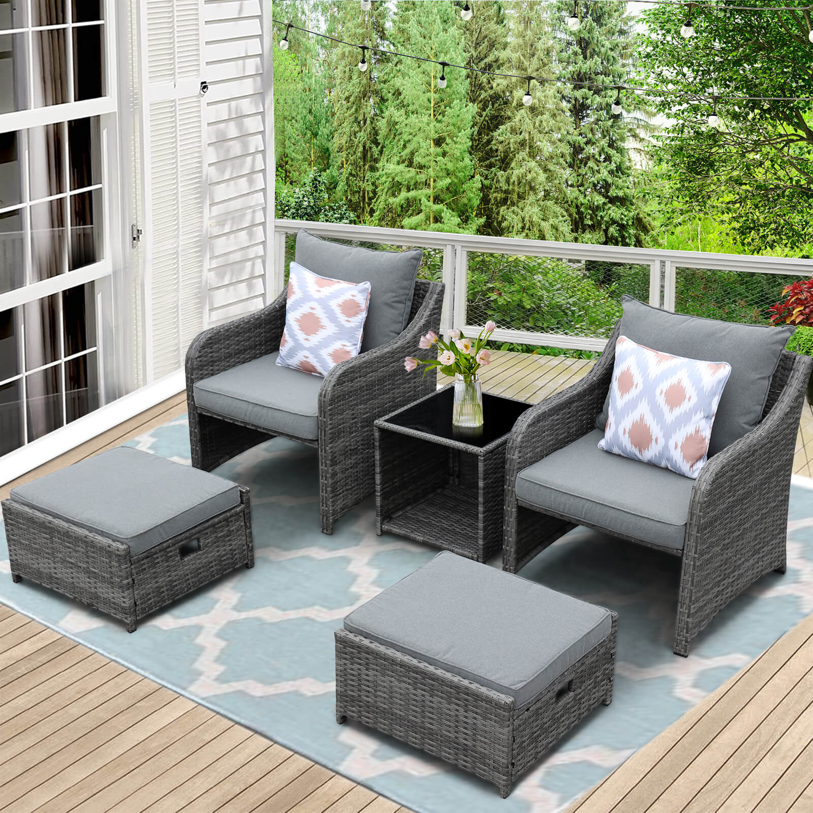 5 Pcs Patio Wicker Sofa Chair Set w/ 2 Ottomans, 4 Pillows, Coffee Table & Fabric Cover, Gray