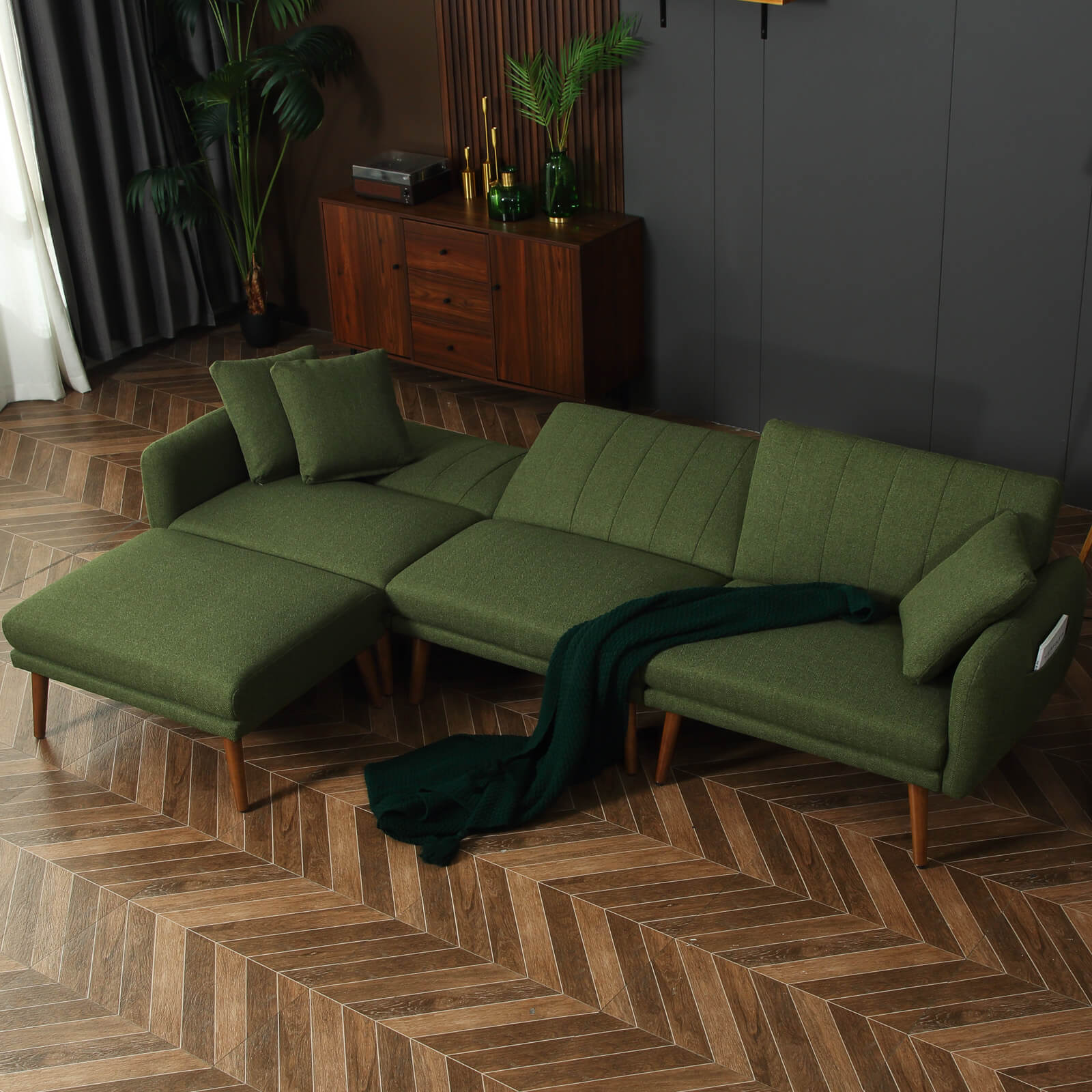 Convertible Sleeper Sectional Sofa Bed, Linen Futon Couch w/ 3-Level Adjustable Backrest, Storage Bag, Ottoman, Green