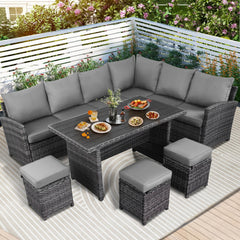 7 Pcs Patio Dining Set All Weather Conversation Set With 3 Ottomans & Cushions, Gray