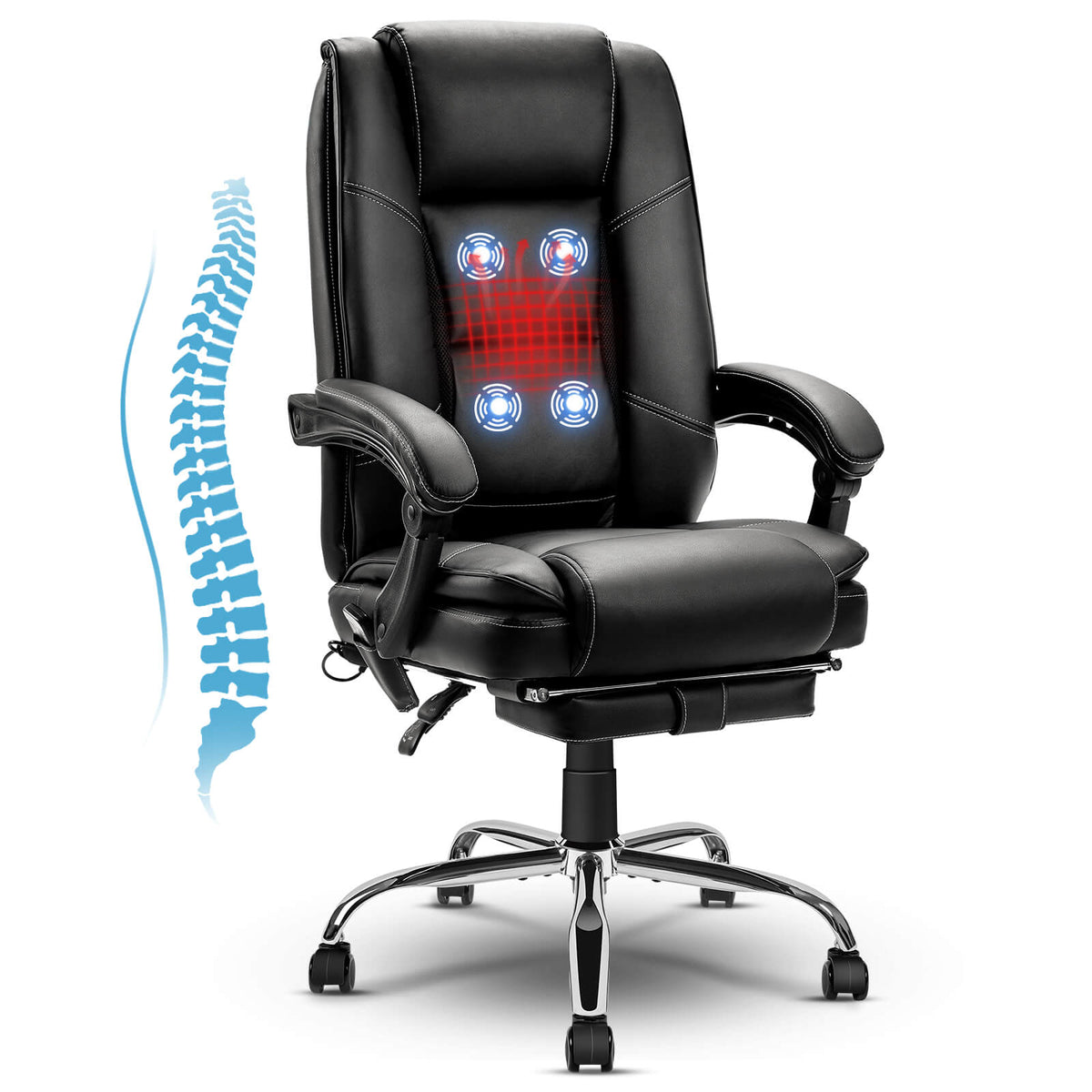 Big and Tall Ergonomic Office Chair with 4 Points Massage & Heating, Reclining Backrest, Footrest & Pillow, Black