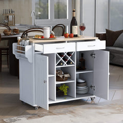 48" Kitchen Island Cart with Locking Wheels, 2 Storage Cabinets, 2 Drawers, Removable Wine Rack, Spice & Towel Rack, White