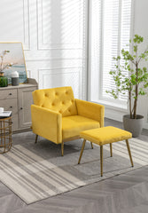 NOBLEMOOD Velvet Accent Chair with Adjustable Armrests and Backrest, Button Tufted Lounge Chair, Yellow