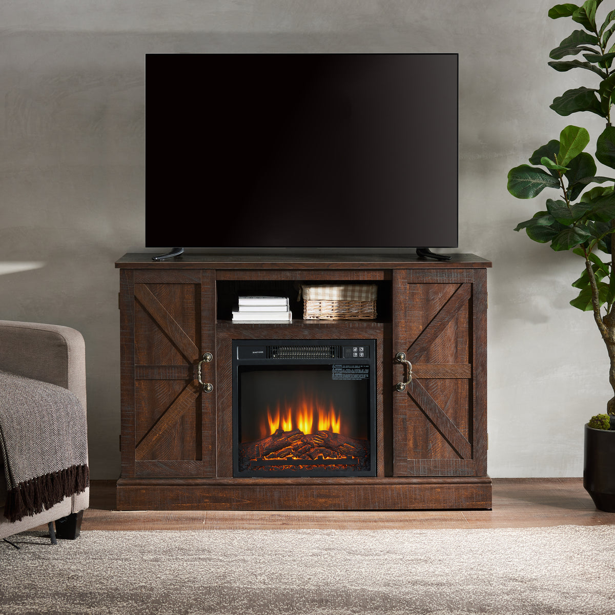 Classic TV Stand Antique Entertainment Console for TV up to 50" with 18" Electric Fireplace Insert, Espresso