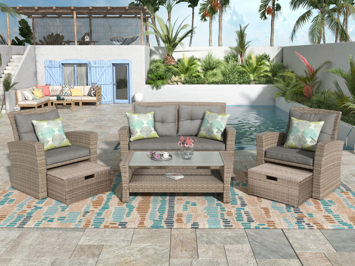 4 Piece Patio Wicker Sectional Sofa with 2 Ottomans, 1 Table & Gray Cushions