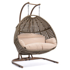 Double-Seat Hanging Swing Chair with Stand with Beige Cushion, Brown Wicker