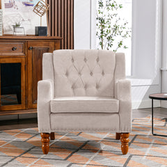 NOBLEMOOD Accent Chair with Vintage Brass Studs and Wood Legs, Button Tufted Upholstered Armchair, Beige